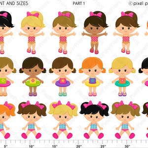 May include: Set of 18 digital clipart images of girls in swimsuits. The girls have different hair colors, skin tones, and are wearing different swimsuits. Some of the girls are holding inflatable rings. The images are in various sizes, ranging from 5 to 20 inches.