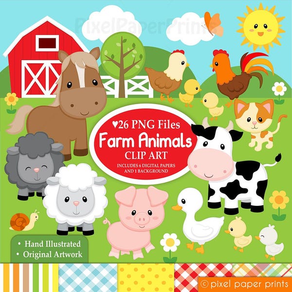 Farm Animals Clipart PNG, Cute Farm Animal PNGs, Printable Patterns for Crafts, Classroom and Kids Activities