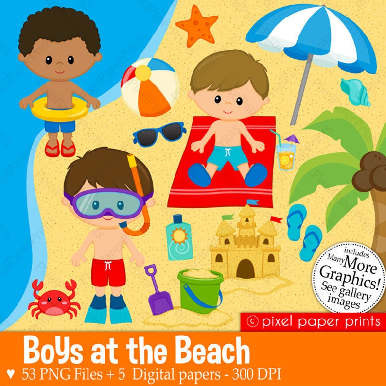 May include: A set of 53 digital illustrations featuring boys at the beach. The illustrations include boys wearing swimsuits, a beach umbrella, a beach ball, a sandcastle, a crab, a beach towel, a pail and shovel, sunglasses, a snorkel and mask, and a palm tree. The illustrations are in a cartoon style and are perfect for creating beach-themed crafts, cards, and other projects.