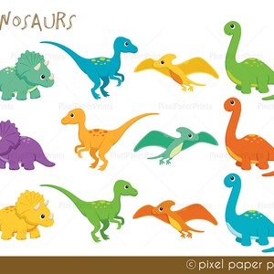 May include: A set of vibrant cartoon dinosaurs, featuring Triceratops, Pterodactyls, and long-necked species. The word "DINOSAURS" is displayed at the top. The dinosaurs are in various colours, including green, blue, orange, and yellow.