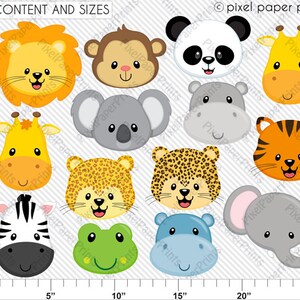 Animal Face Clip Art Animal Heads Jungle Animals Printable Lion, Panda, Elephant, Koala, Giraffe, Hippo, Monkey, Frog & more imagem 2