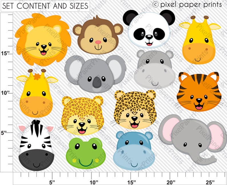 Animal Face Clip Art Animal Heads Jungle Animals Printable Lion, Panda, Elephant, Koala, Giraffe, Hippo, Monkey, Frog & more imagem 2