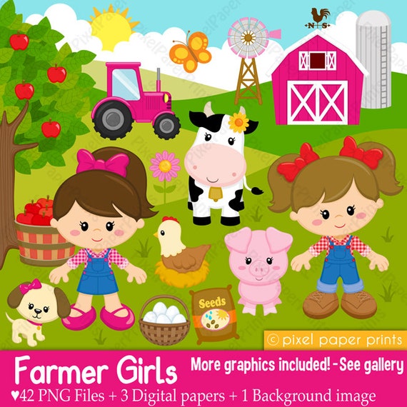 Farmer girls - Farm clipart - Clip Art and Digital paper set - Digital Download Il_570xn