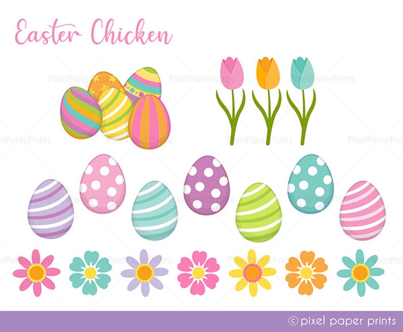 May include: Easter themed digital clipart featuring colorful eggs, flowers, and tulips. The eggs are decorated with polka dots, stripes, and swirls. The flowers are in shades of pink, blue, yellow, and orange. The tulips are pink, orange, and blue.