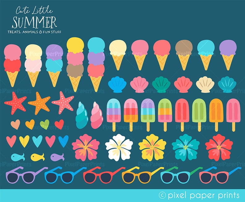 May include: A set of colorful summer-themed clipart images, including ice cream cones, popsicles, seashells, starfish, hearts, hibiscus flowers, sunglasses, and fish. The images are perfect for crafting, scrapbooking, and digital design projects.