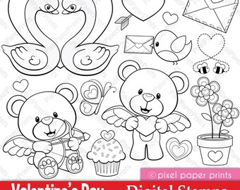 Valentine's Day Digital stamps  - Line art graphics to create coloring pages, worksheets, cards & more - PNG and JPG formats - Printable