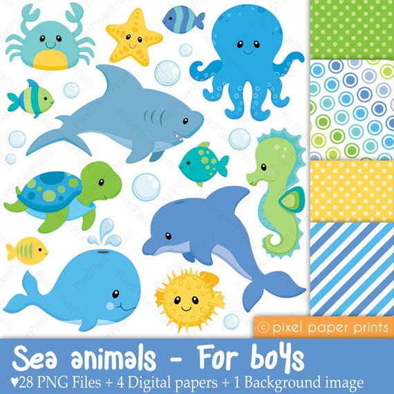Sea animals for boys - Clipart and digital paper set Il_570xn