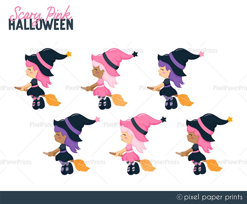 Puede incluir: Seis ilustraciones de brujas volando en escobas. Las brujas llevan vestidos negros y sombreros puntiagudos. Tienen el pelo rosa, morado o marr&oacute;n. El fondo es blanco. El texto "Scary Pink HALLOWEEN" est&aacute; en la parte superior de la imagen.