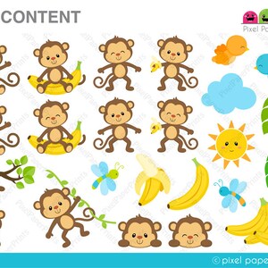 May include: A set of printable pixel art images featuring monkeys, bananas, a sun, a cloud, butterflies, and tropical leaves. The images are in a cartoon style and are perfect for crafting projects.