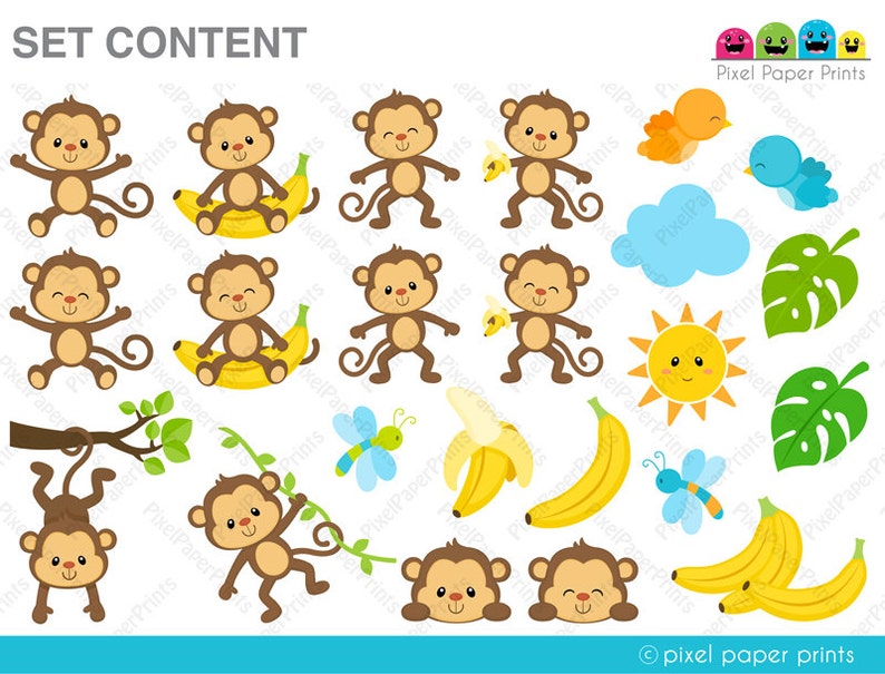 May include: A set of printable pixel art images featuring monkeys, bananas, a sun, a cloud, butterflies, and tropical leaves. The images are in a cartoon style and are perfect for crafting projects.