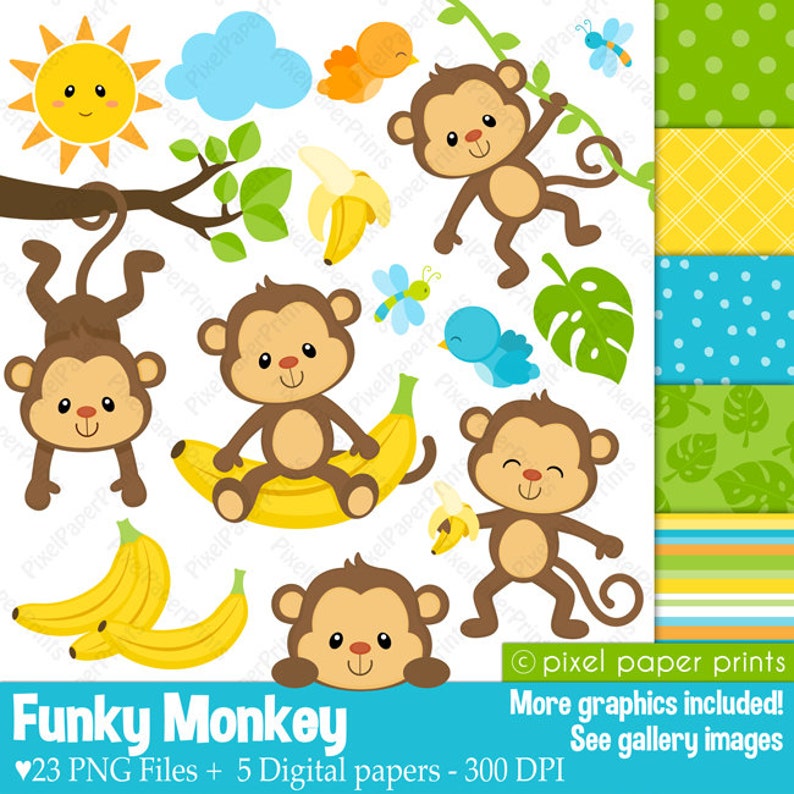 May include: A set of 23 digital clip art images featuring cute cartoon monkeys in various poses, including swinging from vines, sitting on bananas, and holding bananas. The set also includes a sun, clouds, birds, dragonflies, leaves, and five digital papers with different patterns. The text "Funky Monkey" is at the bottom of the image.