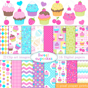 Cupcake clipart and Digital Papers - Cupcake patterns - Digital Download - Printable graphics to create crafts and designs - PNG Files