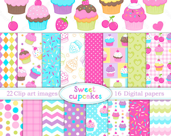 Cupcake clipart and Digital Papers - Cupcake patterns - Digital Download - Printable graphics to create crafts and designs - PNG Files