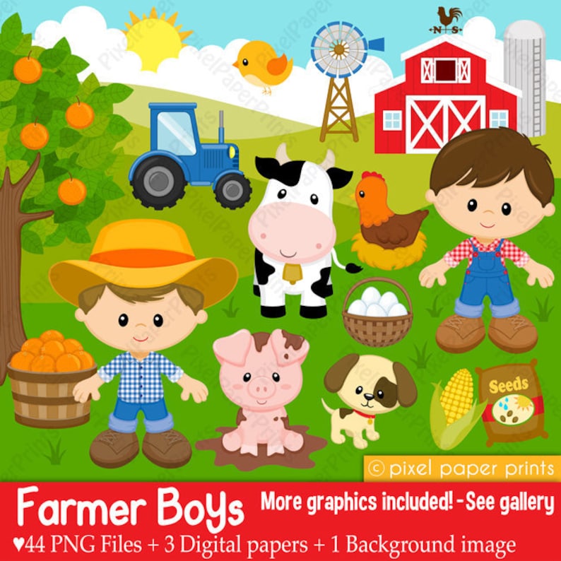 Farmer boys Farm clipart Clip Art and Digital paper set Digital Download image 1