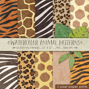 Watercolor Animal Patterns - Animal prints - Digital paper set - Leopard, zebra, giraffe, tiger - Digital Download - Animal Print Background