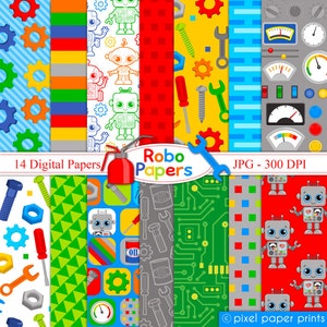 以下が含まれることがあります： ロボットとツールのデザインが施された14種類のデジタルペーパーのセットです。ペーパーは赤、青、緑、黄、グレーなど、さまざまな色があります。ペーパーは300 DPIで、スクラップブッキング、カード作り、その他のクラフトプロジェクトに最適です。Robo Papers.