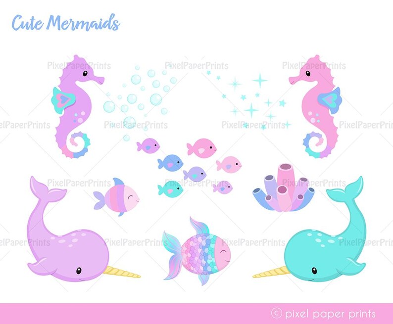 Cute Mermaid Clipart PNG Bundle – 96 Sea Life Illustrations + 7 Digital Papers – Ocean Theme Graphics for Kids Crafts and Commercial Use image 5