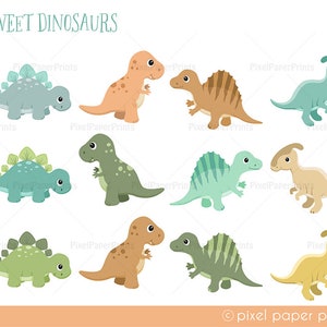 May include: Nine illustrations of cute cartoon dinosaurs in various colors, including green, blue, brown, and yellow. The dinosaurs are all in different poses, some are standing, some are walking, and some are looking to the side. The text "SWEET DINOSAURS" is at the top of the image.
