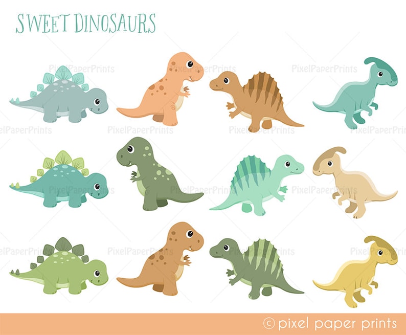 May include: Nine illustrations of cute cartoon dinosaurs in various colors, including green, blue, brown, and yellow. The dinosaurs are all in different poses, some are standing, some are walking, and some are looking to the side. The text "SWEET DINOSAURS" is at the top of the image.