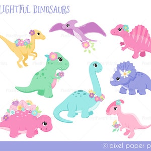 Delightful Dinosaurs Dinosaurs for Girls Clip Art and Digital Paper Set Dino Girls Digital Download Cute dinosaur graphics image 2