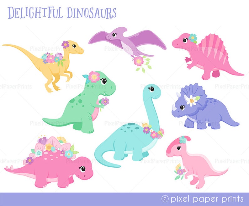 Delightful Dinosaurs Dinosaurs for Girls Clip Art and Digital Paper Set Dino Girls Digital Download Cute dinosaur graphics image 2