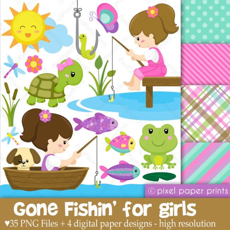 Gone Fishing for Girls Digital paper and clip art set Digital Download image 1