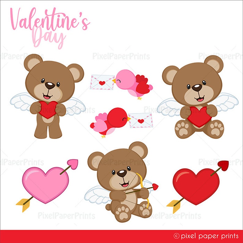 Valentine's Day Clip Art Cute Love Bear, Swans and Hearts Digital Download PNG Files Printable High Resolution image 2