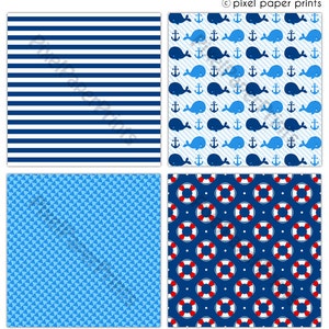 May include: Four digital paper designs in a nautical theme. The first design is blue and white stripes. The second design features blue whales and anchors on a light blue background with white stripes. The third design is a light blue background with a pattern of small blue triangles. The fourth design is a dark blue background with red and white life preservers and white dots.