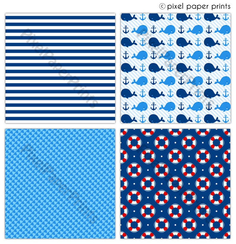May include: Four digital paper designs in a nautical theme. The first design is blue and white stripes. The second design features blue whales and anchors on a light blue background with white stripes. The third design is a light blue background with a pattern of small blue triangles. The fourth design is a dark blue background with red and white life preservers and white dots.