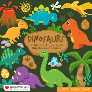May include: A vibrant illustration featuring various cartoon dinosaurs in shades of blue, orange, and green, set against a dark green backdrop. The image includes a volcano, sun, and text that reads "DINOSAURS".