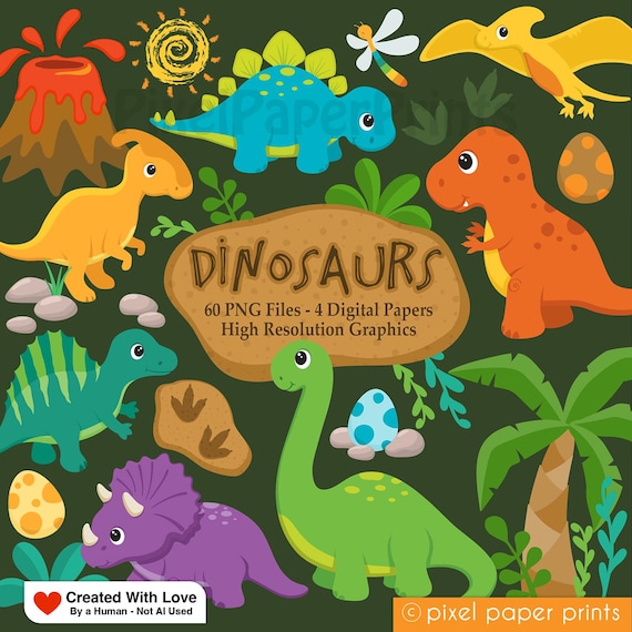 Dinosaur Clipart Set, Cute Dino Clip Art, Kids Party, Digital Paper, Nursery Decor, Cricut, Printable PNG Download