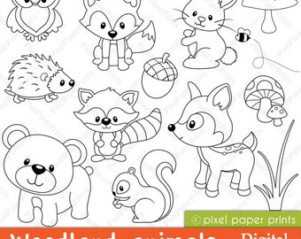 Woodland Animals Digital Stamps - Forest Animals - Line art for coloring pages, worksheets, crafts & more - PNG and JPG - Printable