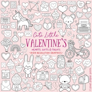 Valentines Day Digital Stamps - Cute Little Valentine's - Love Clip art - Line Art - Graphics to Create Crafts, Cards, Coloring and more
