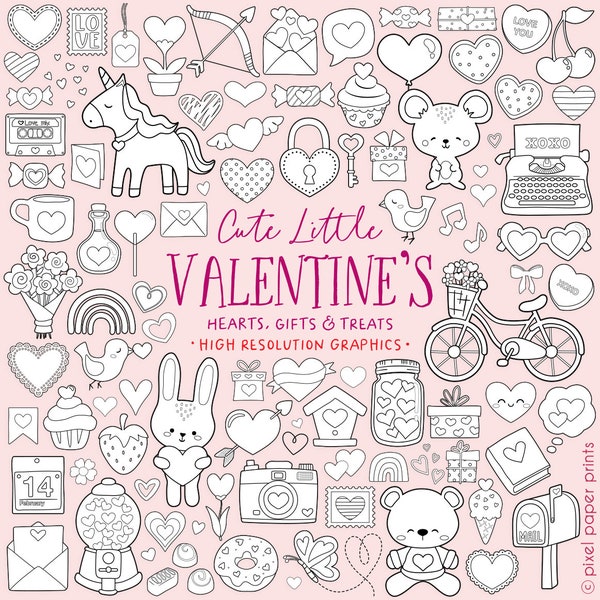 Valentines Day Digital Stamps - Cute Little Valentine's - Love Clip art - Line Art - Graphics to Create Crafts, Cards, Coloring and more