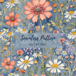 Pode incluir: Padrão floral aquarela sem costura com flores laranja e brancas em um fundo azul. A imagem inclui o texto "Seamless Pattern" e "300 DPI PNG".