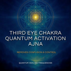 May include: A digital graphic featuring a glowing yellow mandala centered against a deep blue cosmic background. The text reads: THIRD EYE CHAKRA QUANTUM ACTIVATION AJNA, REMOVES CONFUSION & CONTROL, and QUANTUM HEALING FREQUENCIES in white and gold.