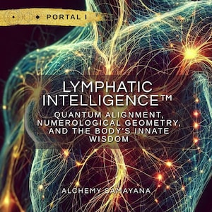 Puede incluir: Un gráfico digital con una red brillante e intrincada de líneas amarillas y azules que se asemeja a un sistema nervioso humano. El texto dice: PORTAL I, LYMPHATIC INTELLIGENCE, QUANTUM ALIGNMENT, NUMEROLOGICAL GEOMETRY, AND THE BODY'S INNATE WISDOM, ALCHEMY SAMAYANA.