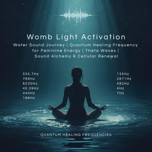 Puede incluir: Una imagen serena presenta la silueta de una persona meditando en el agua, con el texto "Womb Light Activation" y frases relacionadas. La imagen incluye listados de frecuencias y las palabras "Quantum Healing Frequencies". La paleta de colores es principalmente azul y blanco.
