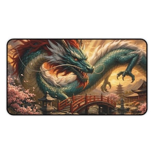 May include: A rectangular mousepad featuring a detailed illustration of a teal dragon with red and white accents. The dragon is set against a backdrop of a Japanese landscape with a red bridge, pagodas, and cherry blossoms.