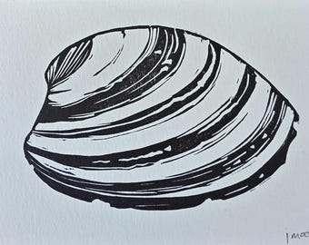 Clam Shell Linocut Print: Hand-Pulled Coastal Nature Art (2.5x3.5")