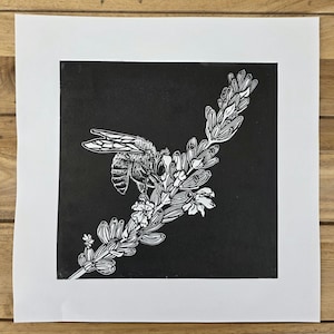 Lavender and Bee Linocut Print | Hand-Pulled Botanical Black and White Art