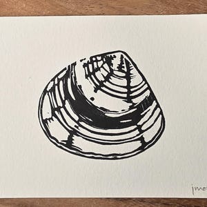 May include: A black and white linocut print of a clam shell on cream-colored paper. The shell is depicted with bold, curved lines and a textured appearance. The artist's signature, "jmoo", is in the lower right corner.