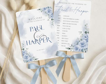 Editable French Blues Paddle Fan Program Printable Wedding Stationery Template Instant Download Corjl