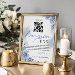 Bewerkbare sjabloon huwelijksreisfonds QR-code bruiloft teken blauwe bloemen afdrukbare Corjl Instant Download