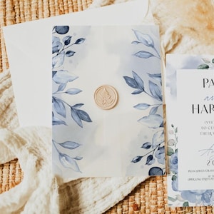 Bearbeitbare Pergament-Gatefold-Umschlagvorlage Blues-Blumenmuster SOFORT-DOWNLOAD A5 Größe