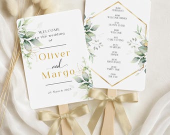 Plantilla de programa de abanicos de paleta para bodas en iglesias con vegetación de eucalipto, descarga instantánea, colección verde salvia