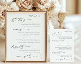 Plantilla de menú de boda minimalista moderna y editable, descarga instantánea, A4/A5/5x7"/8.5x11"