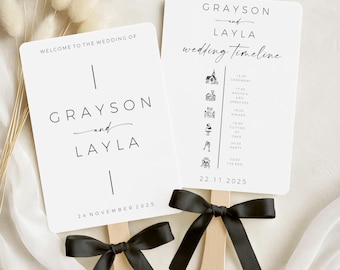 Plantilla editable de cronograma de programa de abanicos de paleta para bodas en iglesias, moderna y minimalista, descarga instantánea