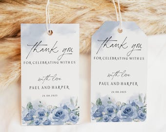 編集可能な長方形のトリム付きサンキュータグテンプレート。印刷可能なウェディングギフトラベル。すぐにダウンロードできます。