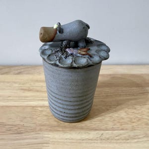 Handgemaakt ambachtelijk aardewerk honing-mosterdpot met deksel van Stapleton House, nijlpaarddecor op deksel